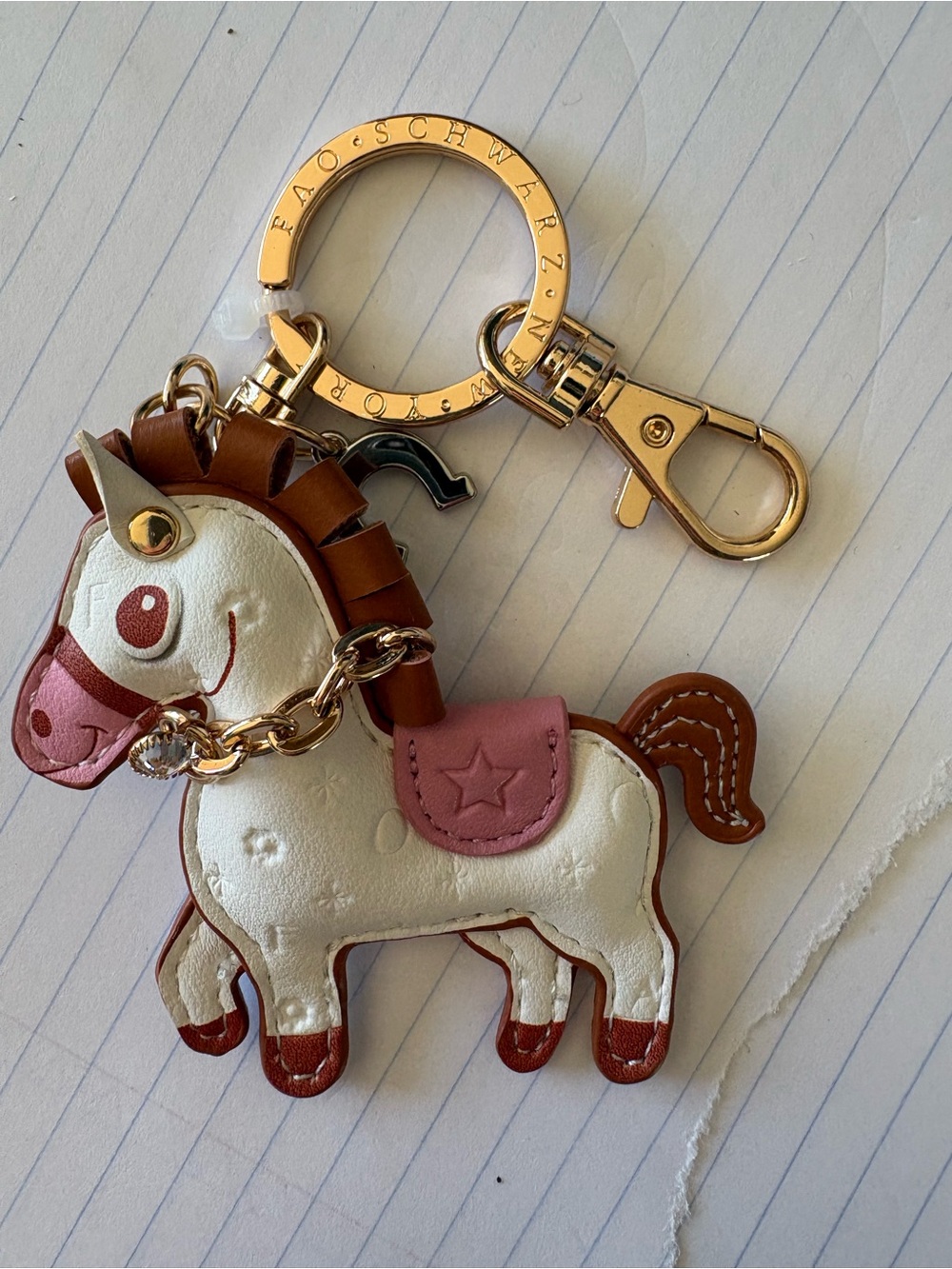 FAO Schwarz White Pony Keychain Charm with Pink Saddle and Brown Accents
